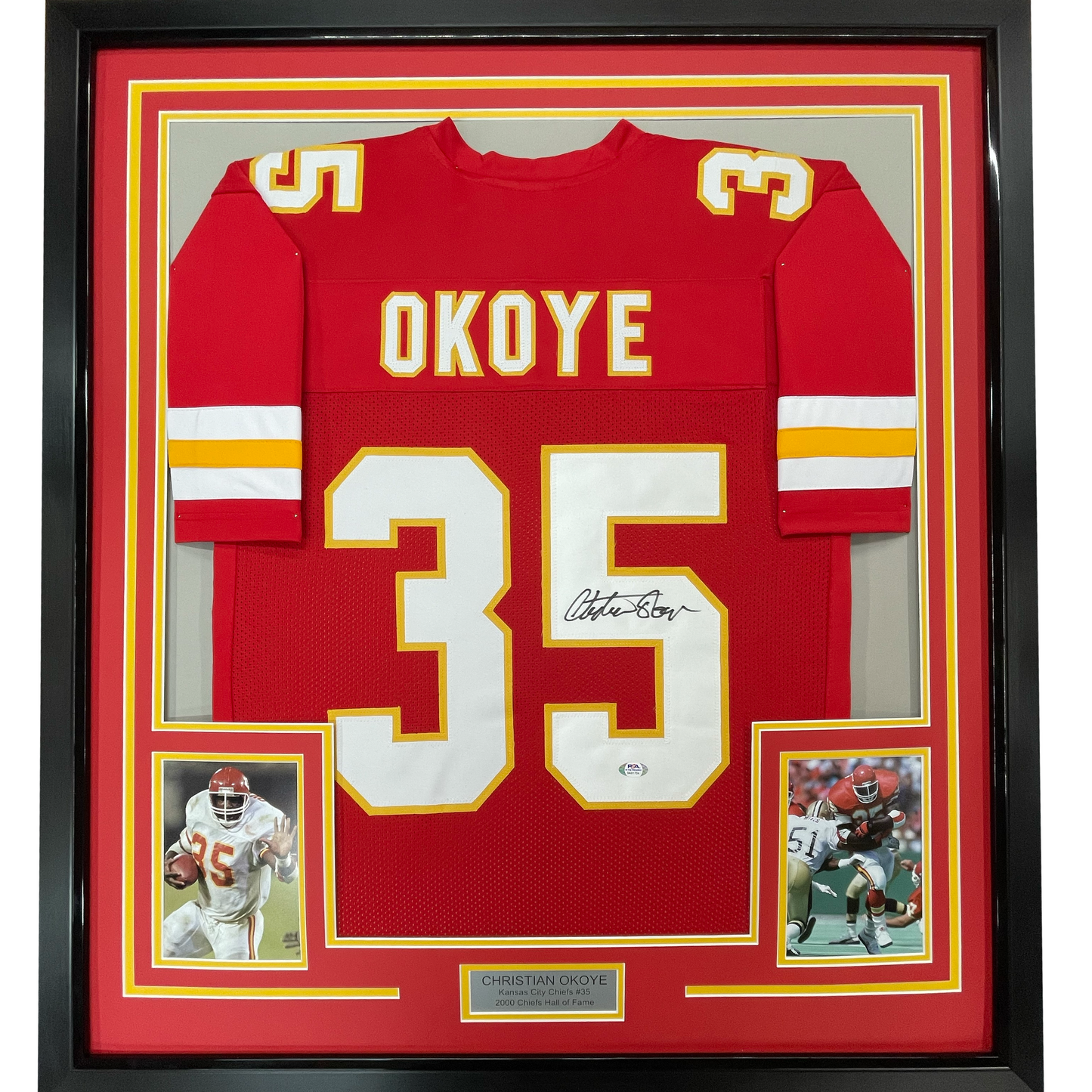 Framed Autographed/Signed Christian Okoye 35x39 Kansas City Red Football Jersey JSA COA