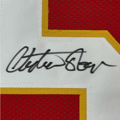 Framed Autographed/Signed Christian Okoye 35x39 Kansas City Red Football Jersey JSA COA