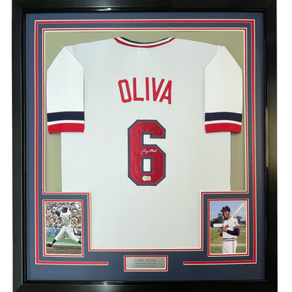 Framed Autographed/Signed Tony Oliva 35x39 Minnesota White Baseball Jersey Beckett BAS COA