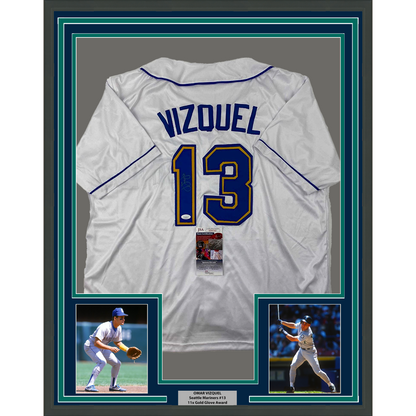 Framed Autographed/Signed Omar Vizquel 35x39 Seattle White Baseball Jersey JSA COA