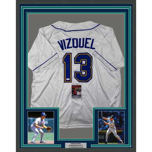 Framed Autographed/Signed Omar Vizquel 35x39 Seattle White Baseball Jersey JSA COA