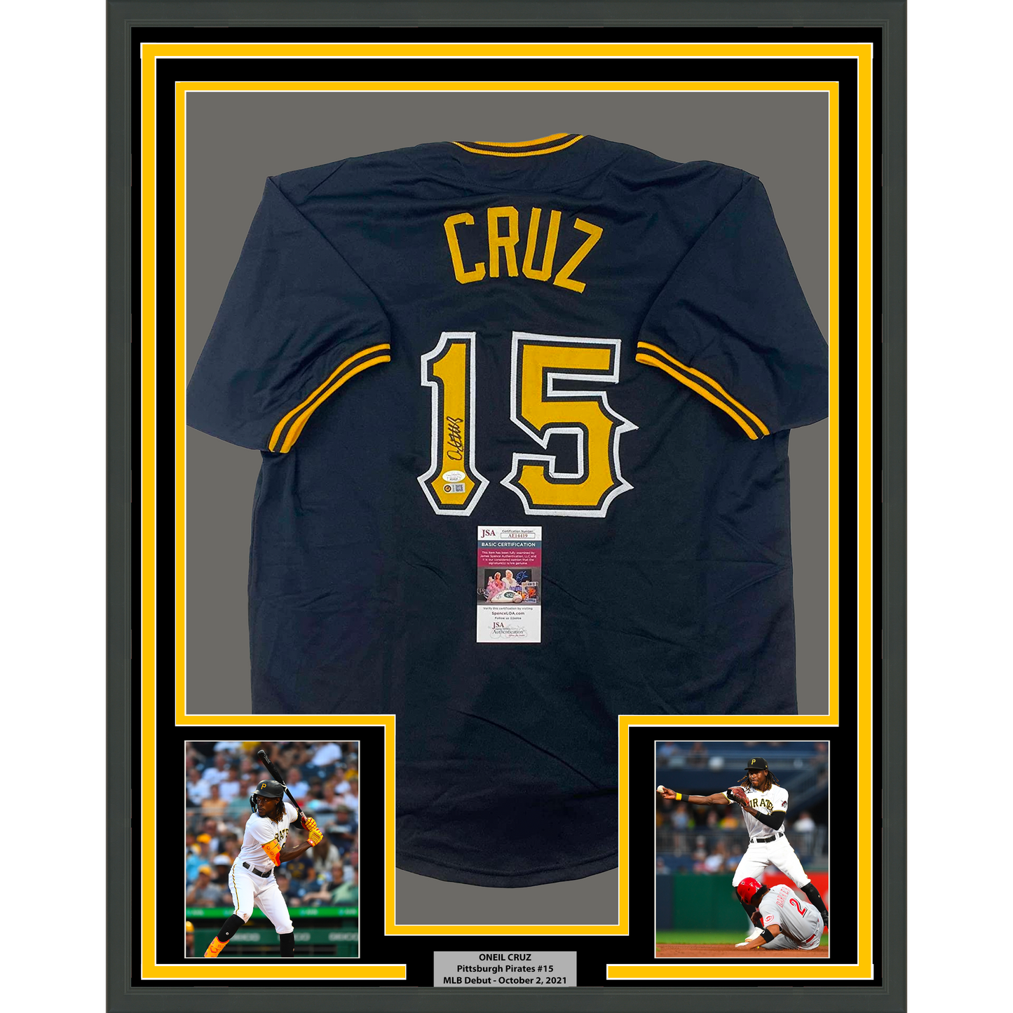 Framed Autographed/Signed Oneil Cruz 35x39 Pittsburgh Black Baseball Jersey JSA COA