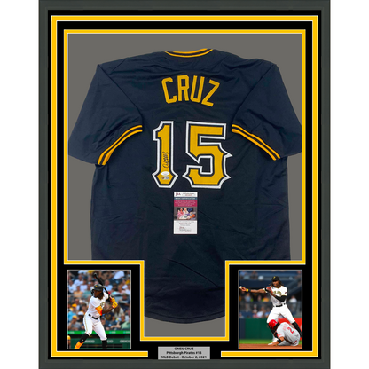 Framed Autographed/Signed Oneil Cruz 35x39 Pittsburgh Black Baseball Jersey JSA COA
