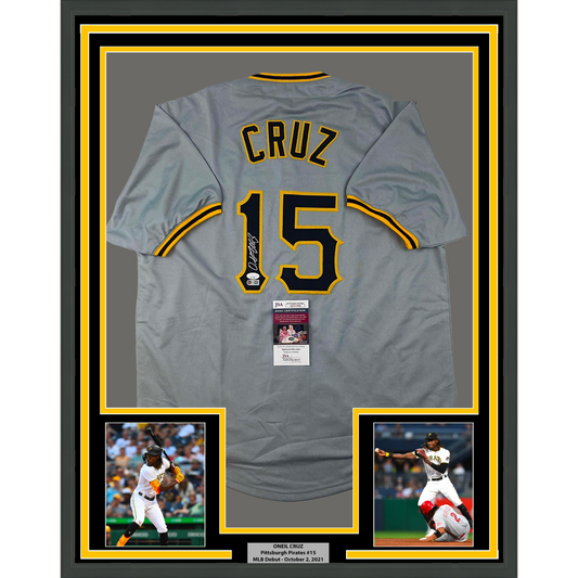 Framed Autographed/Signed Oneil Cruz 35x39 Pittsburgh Grey Baseball Jersey JSA COA