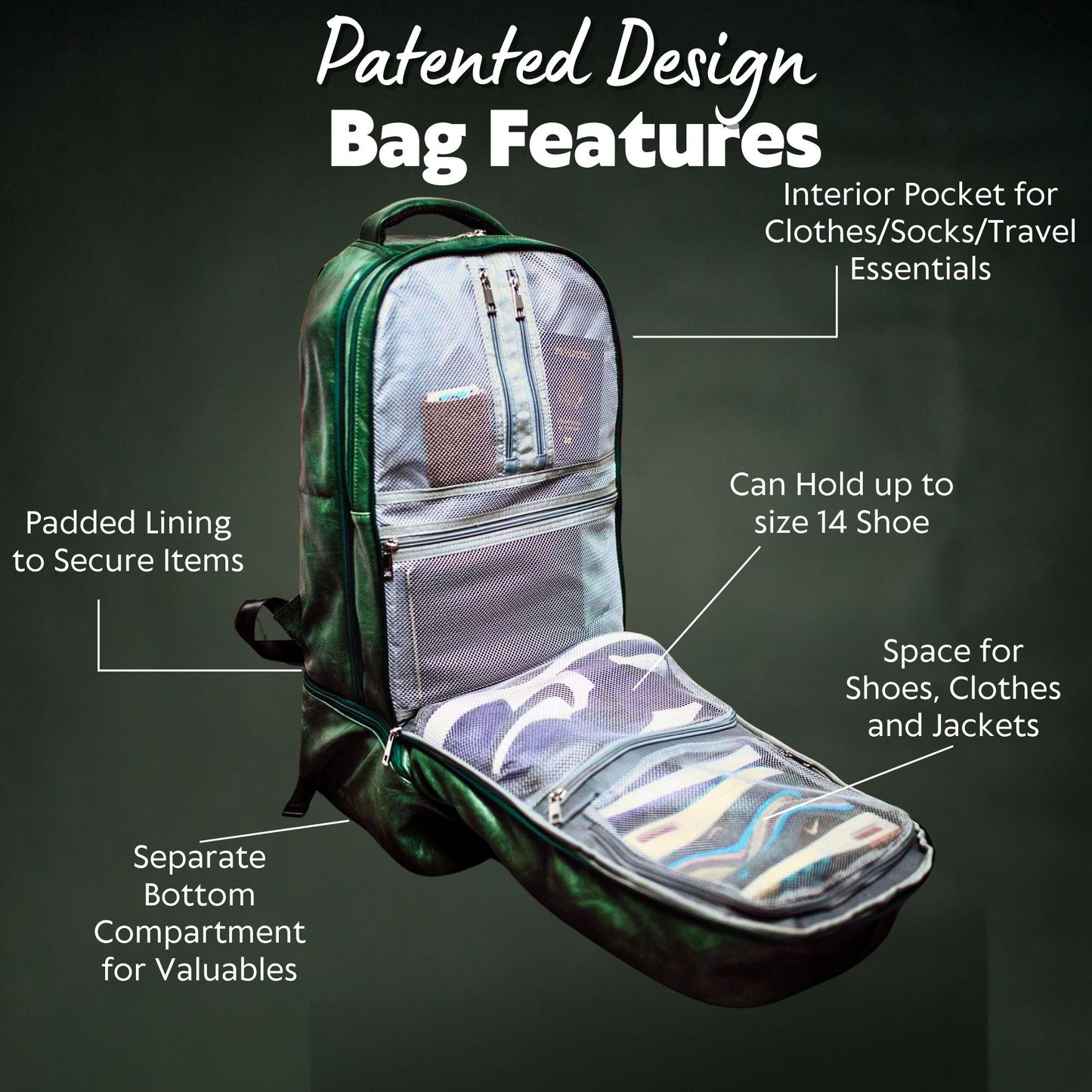 Emerald Green Leather Carry-On Patented Backpack