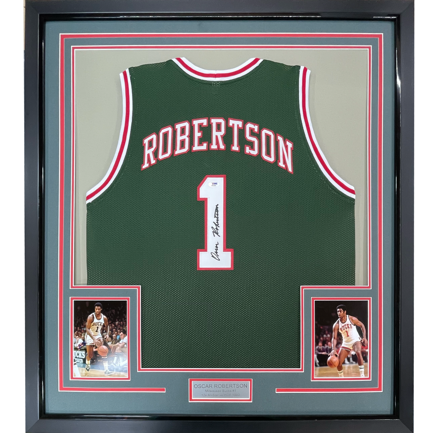 Framed Autographed/Signed Oscar Robertson 35x39 Milwaukee Green Basketball Jersey PSA/DNA COA
