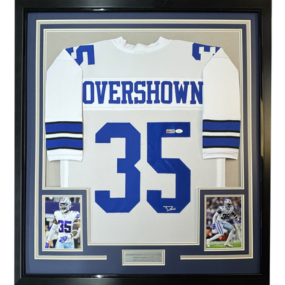 Framed Autographed/Signed DeMarvion Overshown 35x39 Dallas White Football Jersey JSA COA