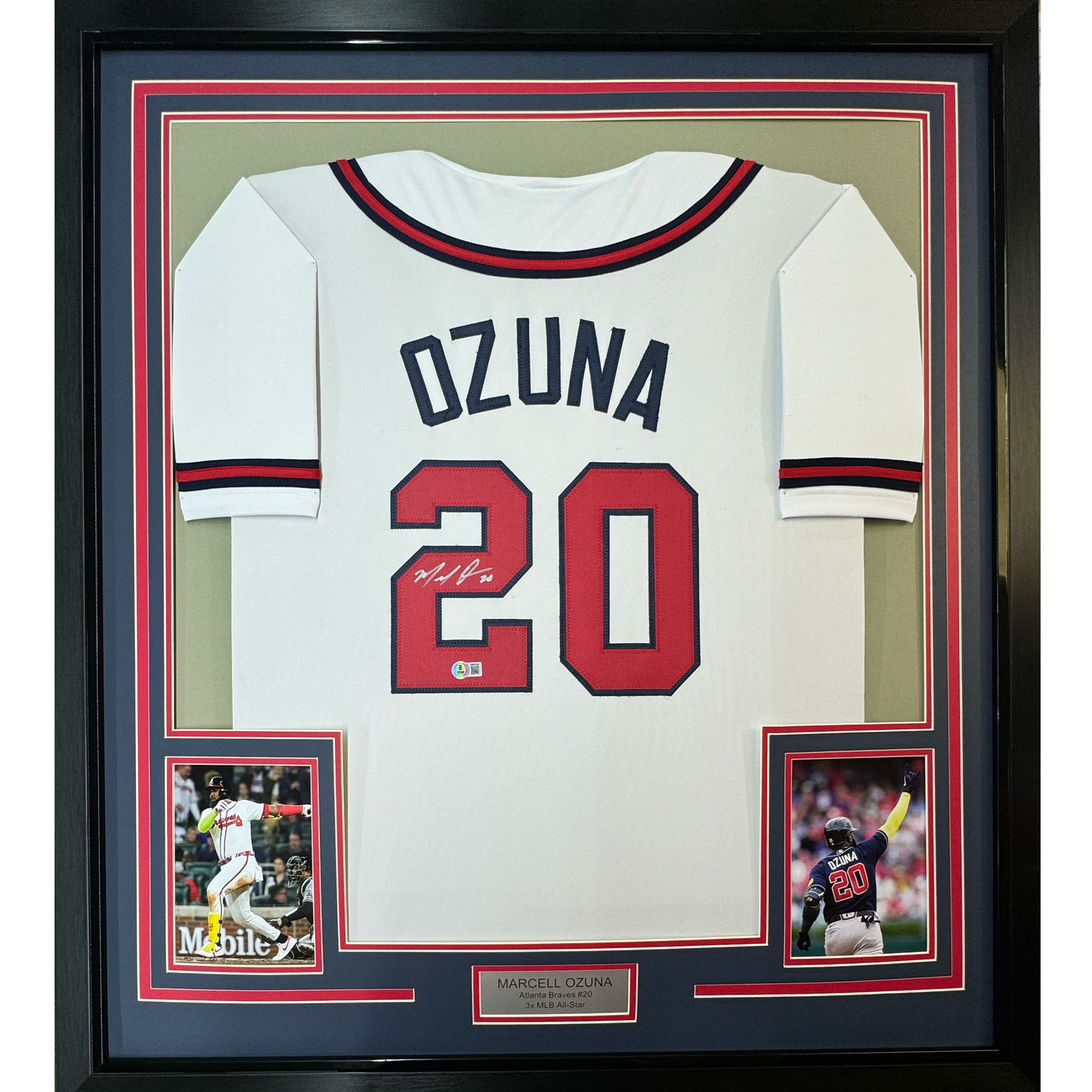 Framed Autographed/Signed Marcell Ozuna 35x39 Atlanta White Baseball Jersey Beckett BAS COA