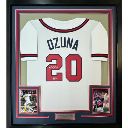 Framed Autographed/Signed Marcell Ozuna 35x39 Atlanta White Baseball Jersey Beckett BAS COA