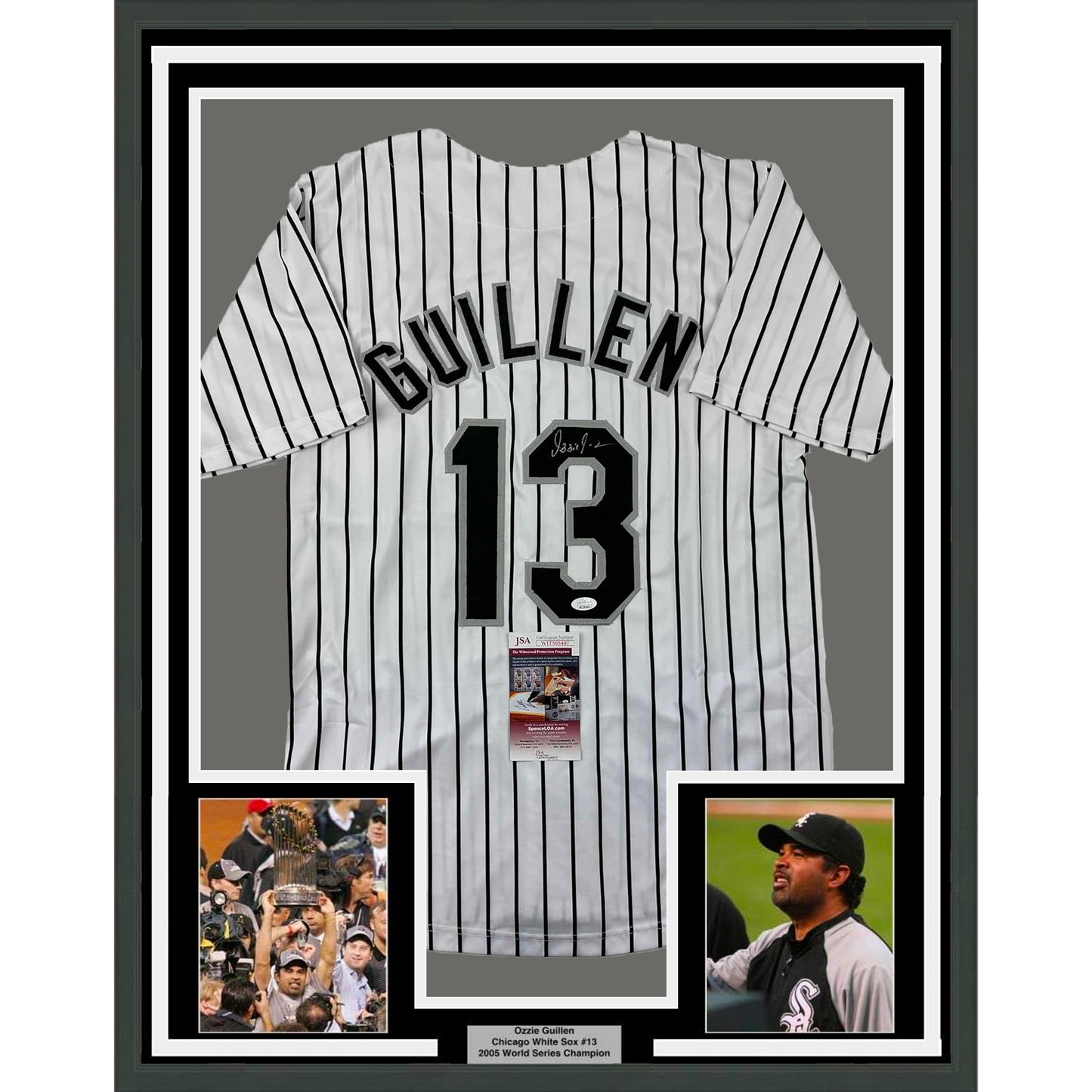 Framed Autographed/Signed Ozzie Guillen 35x39 Chicago Pinstripe Baseball Jersey JSA COA