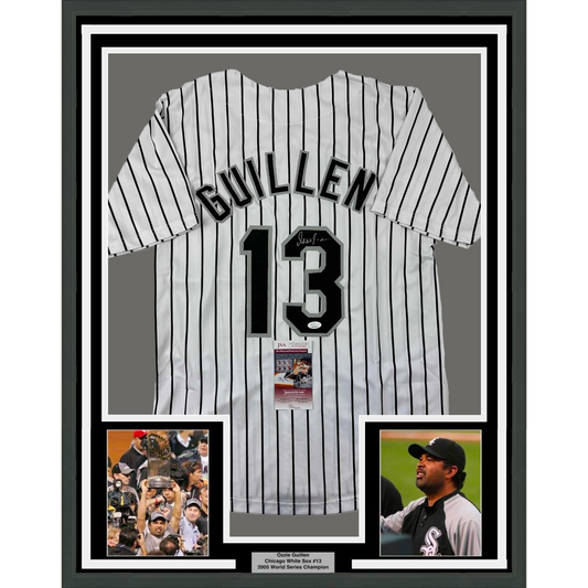 Framed Autographed/Signed Ozzie Guillen 35x39 Chicago Pinstripe Baseball Jersey JSA COA
