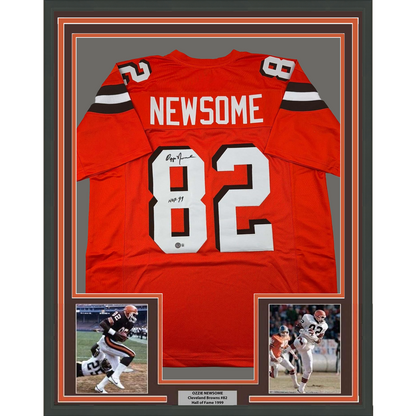 Framed Autographed/Signed Ozzie Newsome 35x39 Cleveland Football Orange Jersey Beckett BAS COA Holo
