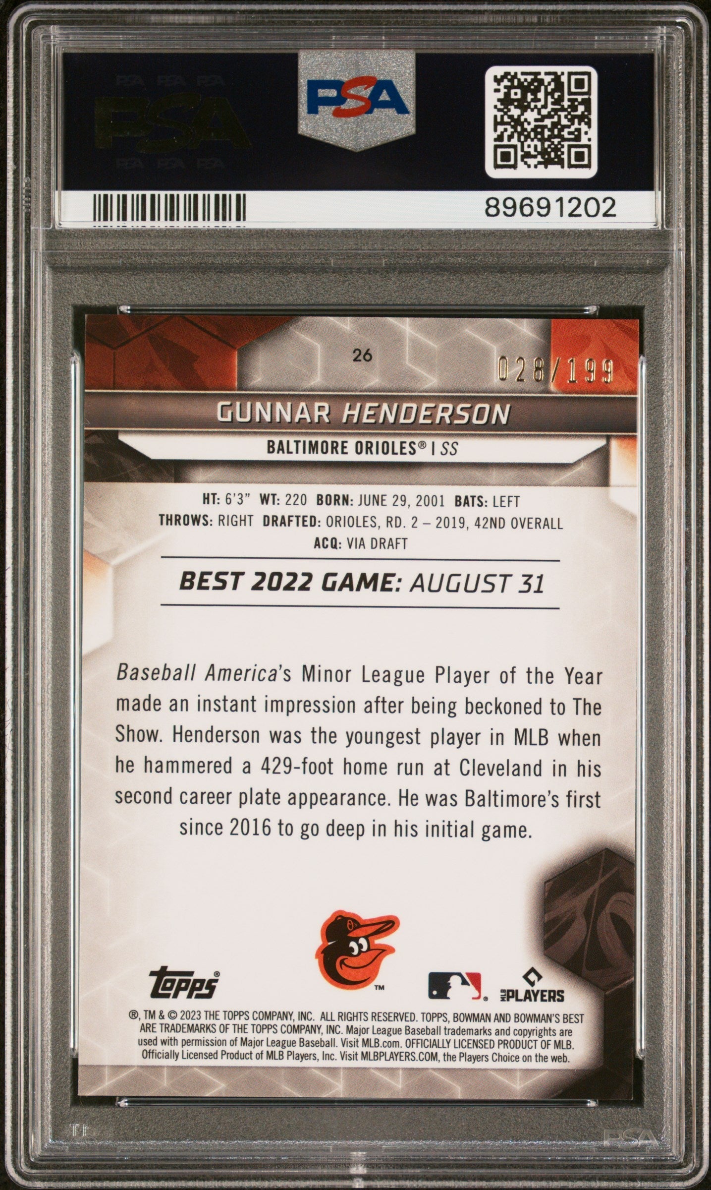 Graded 2023 Topps Bowmans Best Gunnar Henderson #26 Aqua Lava #/199 Rookie RC Baseball Card PSA 10 Gem Mint