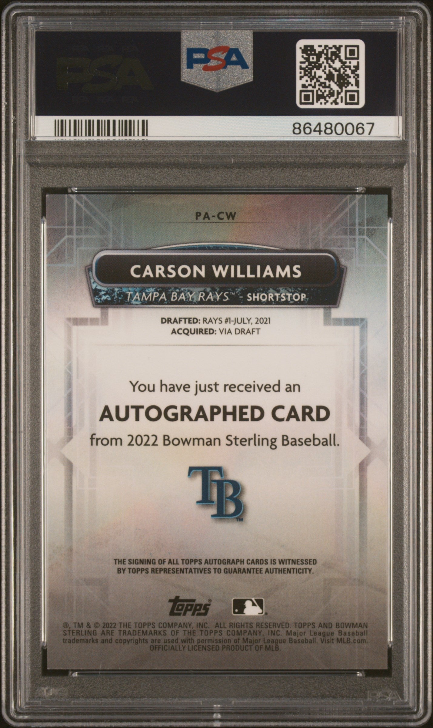 Graded 2022 Topps Bowmans Sterling Carson Williams #PACW Prospects Autographs Rookie RC Baseball Card PSA 10 Gem Mint
