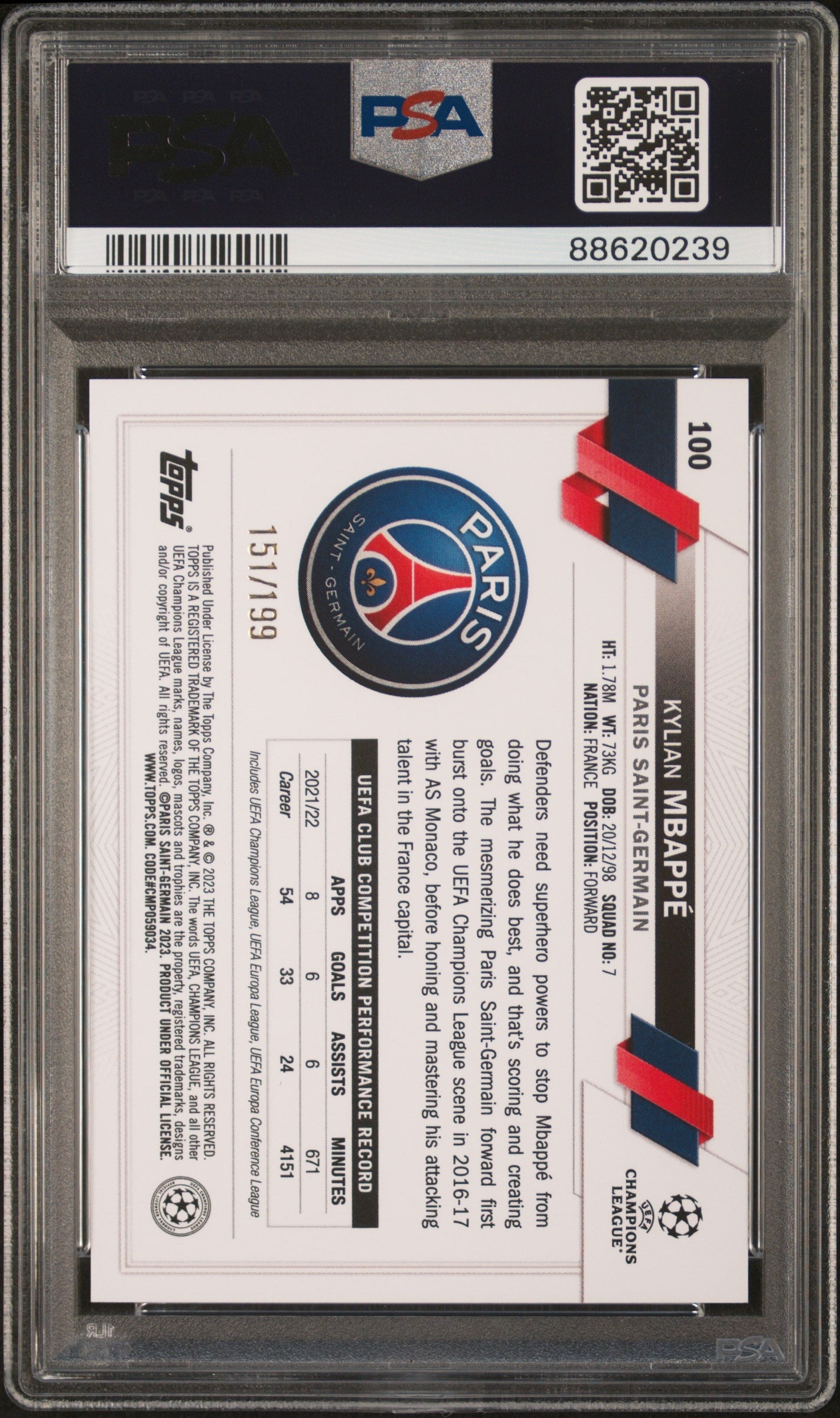 Graded 2022 Topps Chrome UCC Kylian Mbappe #100 Neon Green Foil #/199 Soccer Card PSA 10 Gem Mint