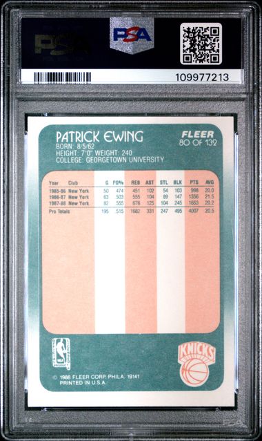 Graded 1988 Fleer Patrick Ewing #80 Basketball Card PSA 6 EX-MT