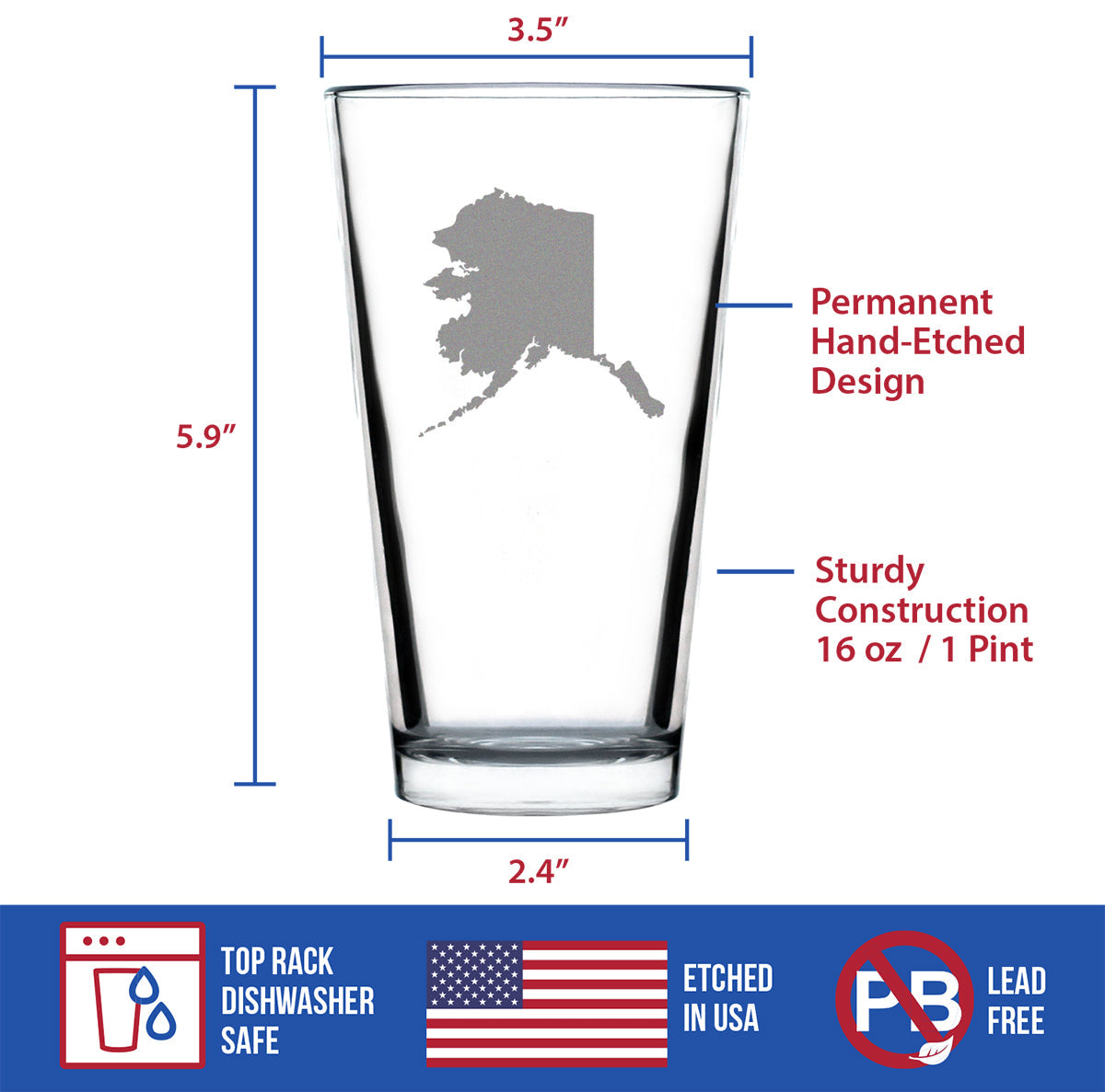 Alaska State Outline Pint Glass for Beer - State Themed Drinking Decor and Gifts for Alaskan Women & Men - 16 Oz Glasses
