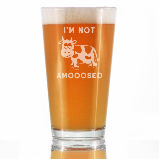 Not Amooosed - 16 oz Pint Glass for Beer - Funny Cow Gifts for Men & Women - Fun Cow Themed Decor