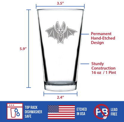 Bat Pint Glass for Beer - Funny Cute Bat Gifts - Spooky Fun Halloween Decor with Bats - 16 oz Glasses