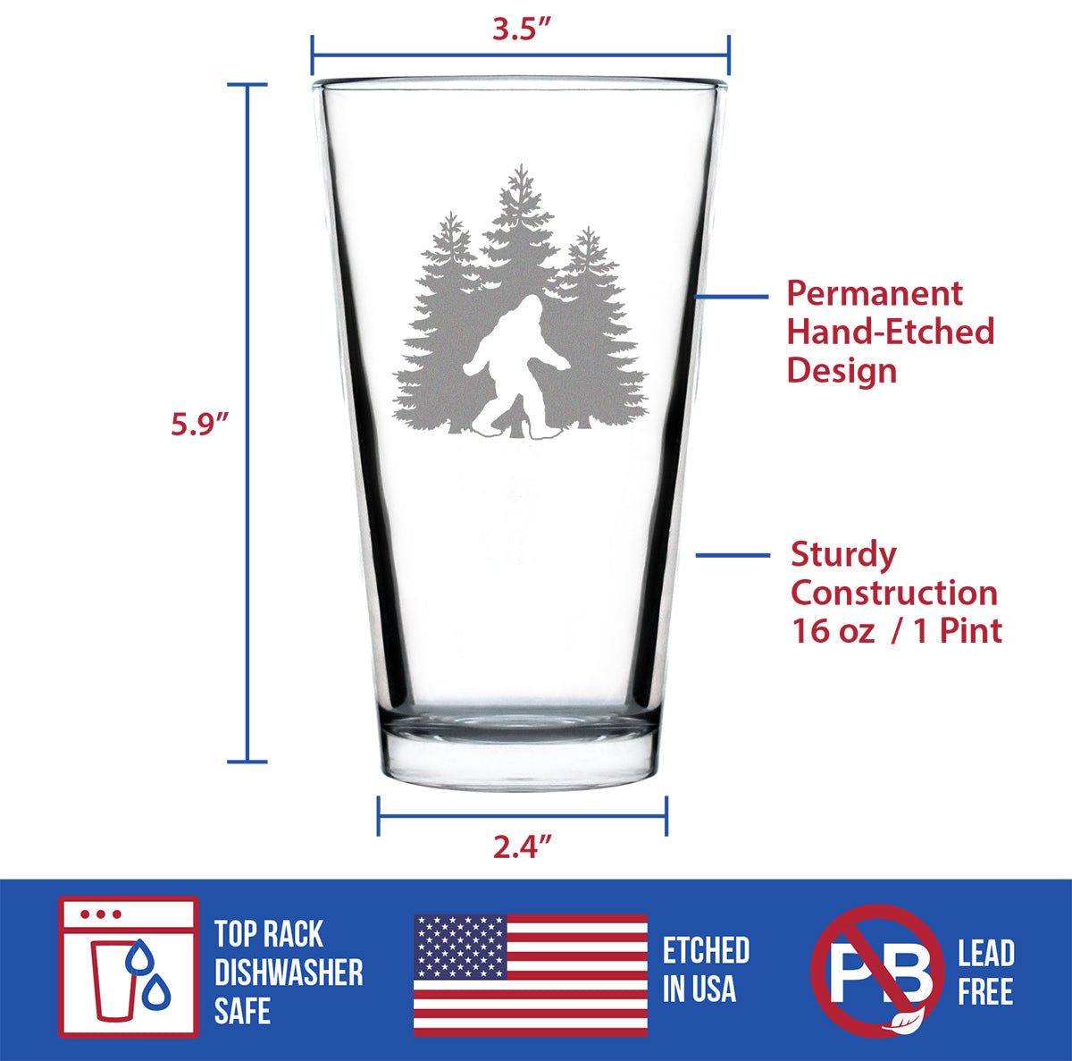 Bigfoot Engraved Pint Glass, Unique Sasquatch Themed Gifts, Funny Gift Idea for Outdoorsmen