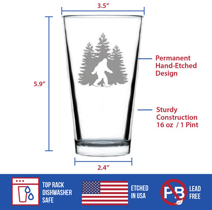Bigfoot Engraved Pint Glass, Unique Sasquatch Themed Gifts, Funny Gift Idea for Outdoorsmen