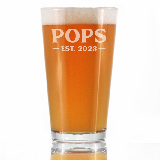 Pops Est. 2023 Bold Pint Glass 16 Oz, Etched Sayings, Father's Day Gifts, Fun Baby Reveal Gift for Grandparents