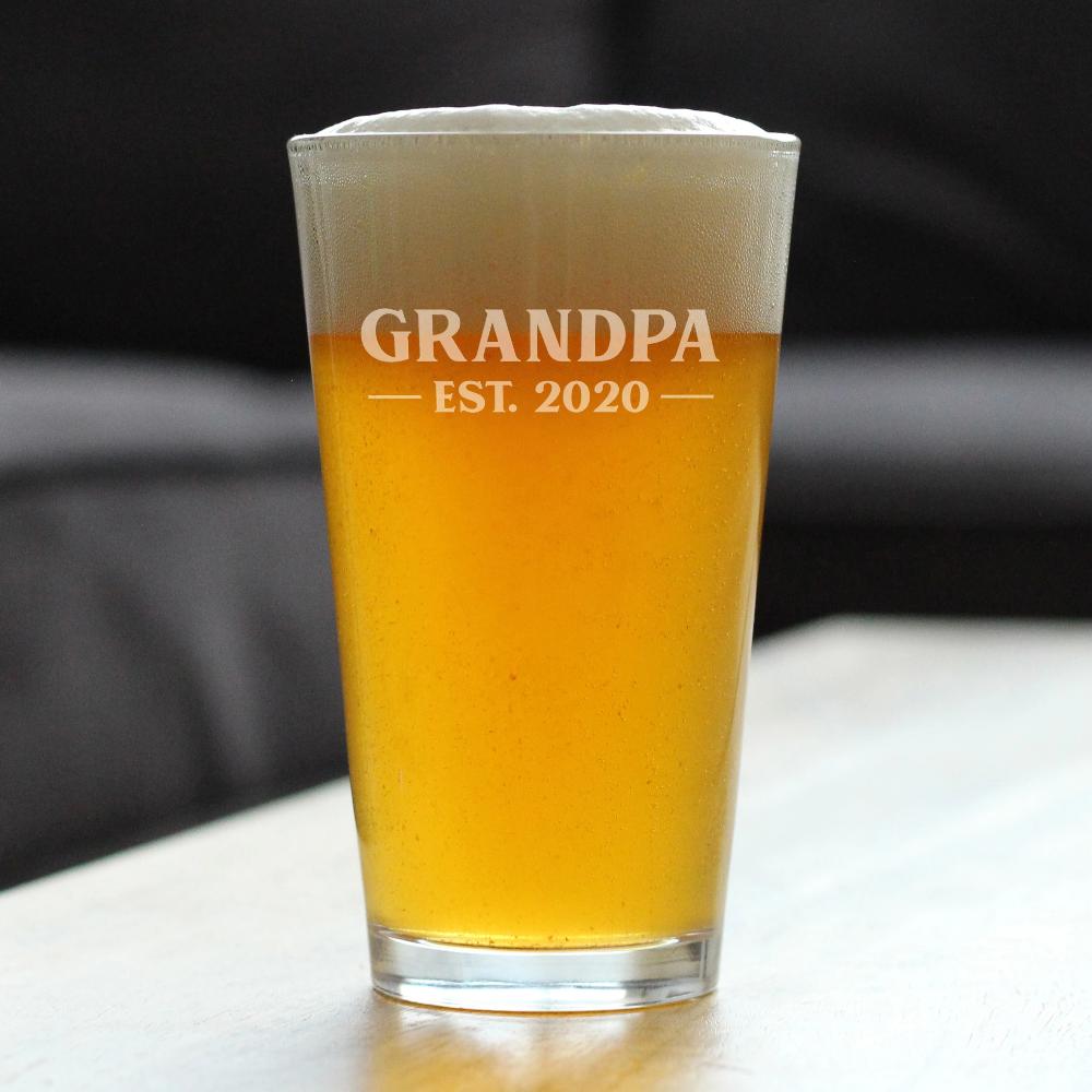 Grandpa Est 2020 - New Grandfather Pint Glass Gift for First Time Grandparents - Bold 16 Oz Glasses