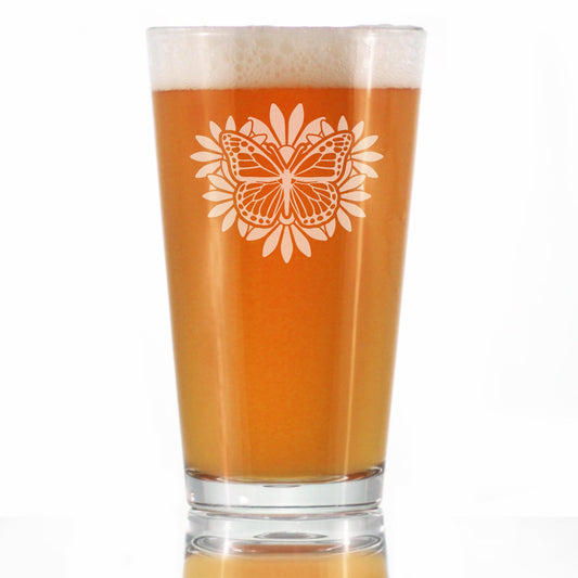 Monarch Butterfly Pint Glass for Beer - Floral Decor and Outdoorsy Gifts for Gardeners - 16 oz Glasses