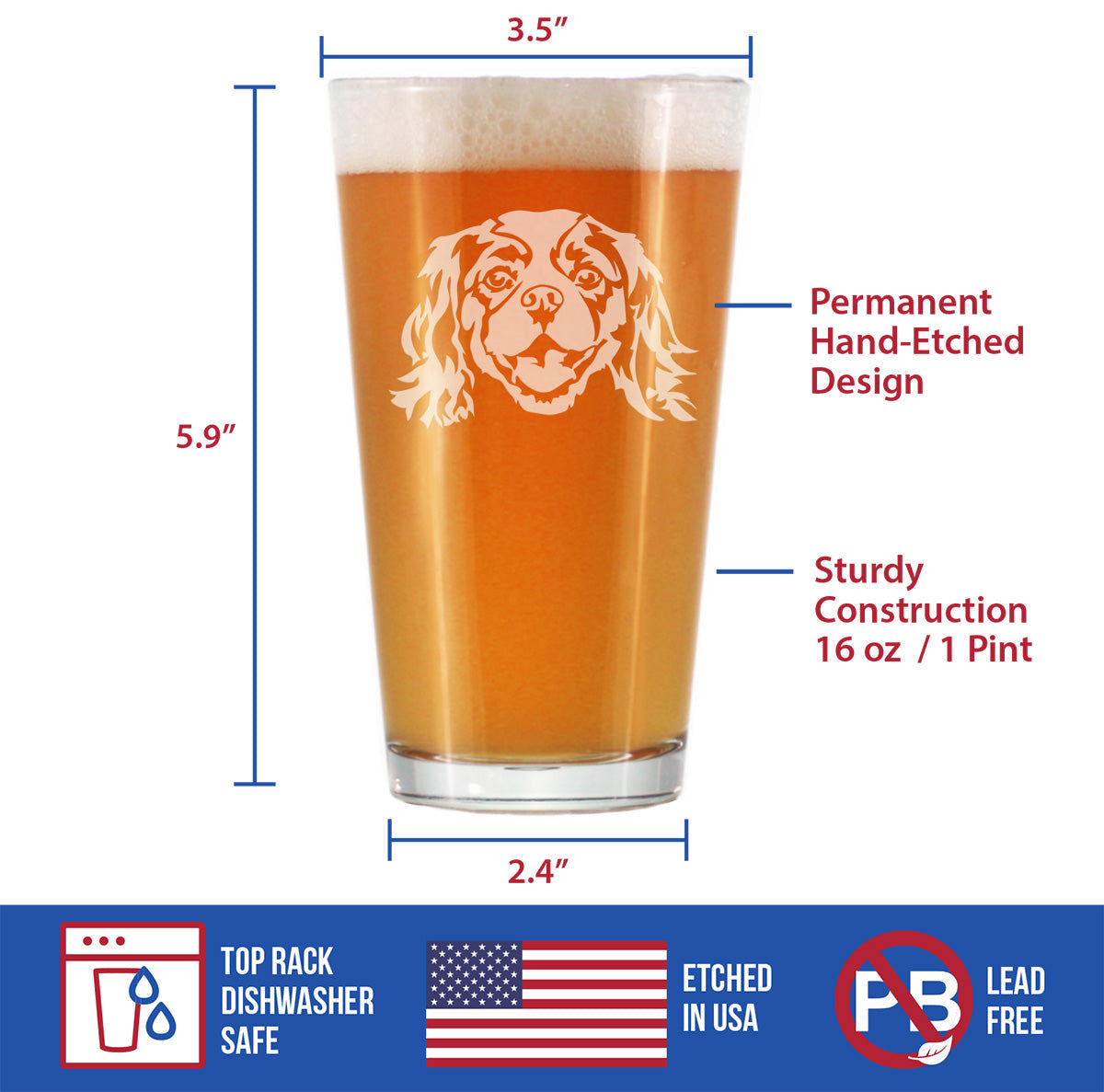Cavalier King Charles Spaniel Face Pint Glass for Beer - Unique Dog Themed Decor and Gifts for Moms & Dads of Cavaliers - 16 Oz