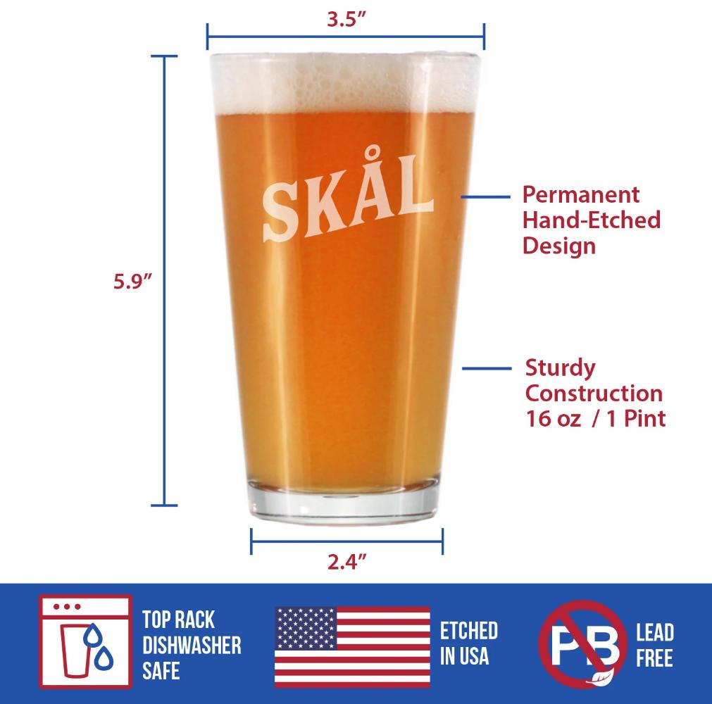 Skal - Norwegian Cheers - Pint Glass for Beer - Cute Sweden and Norway Themed Gifts or Party Decor for Women - 16 Oz