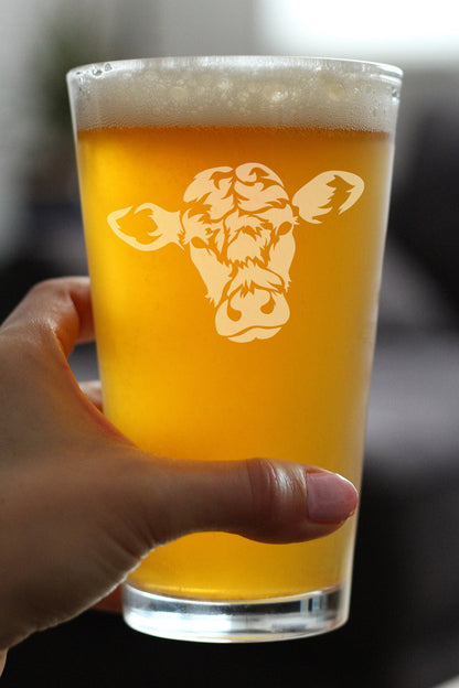 Cow Face Pint Glass for Beer - Funny Unique Farm Animal Themed Decor and Gifts for Cow Lovers - 16 oz