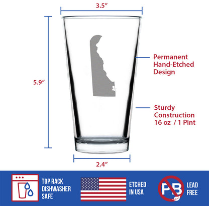 Delaware State Outline Pint Glass for Beer - State Themed Drinking Decor and Gifts for Delawarean Women & Men - 16 Oz Glasses