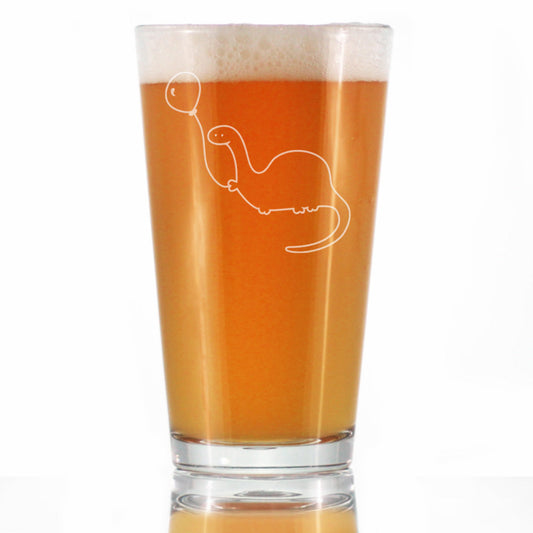 Dinosaur With Birthday Balloon - Pint Glass for Beer - Cute Funny Dino Themed Gifts and Decor for Dinosaur Lovers - 16 oz Glass