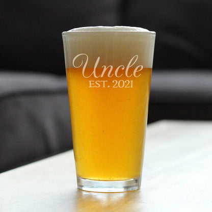 Uncle Est 2021 - Pint Glass Gift for First Time Uncles - Decorative 16 Oz Glasses