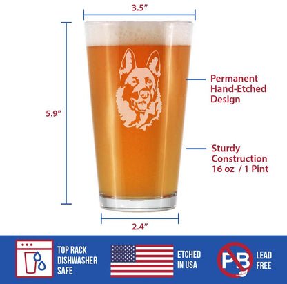 German Shepherd Happy Face Pint Glass - Pint Glass Gifts for Beer Drinking Men & Women - Fun German Shepherds Decor