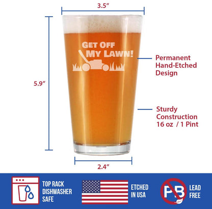 Get Off My Lawn - Funny Pint Glass for Beer - Birthday Gifts for Men or Women Getting Older - Fun Bday Party Décor - 16 oz