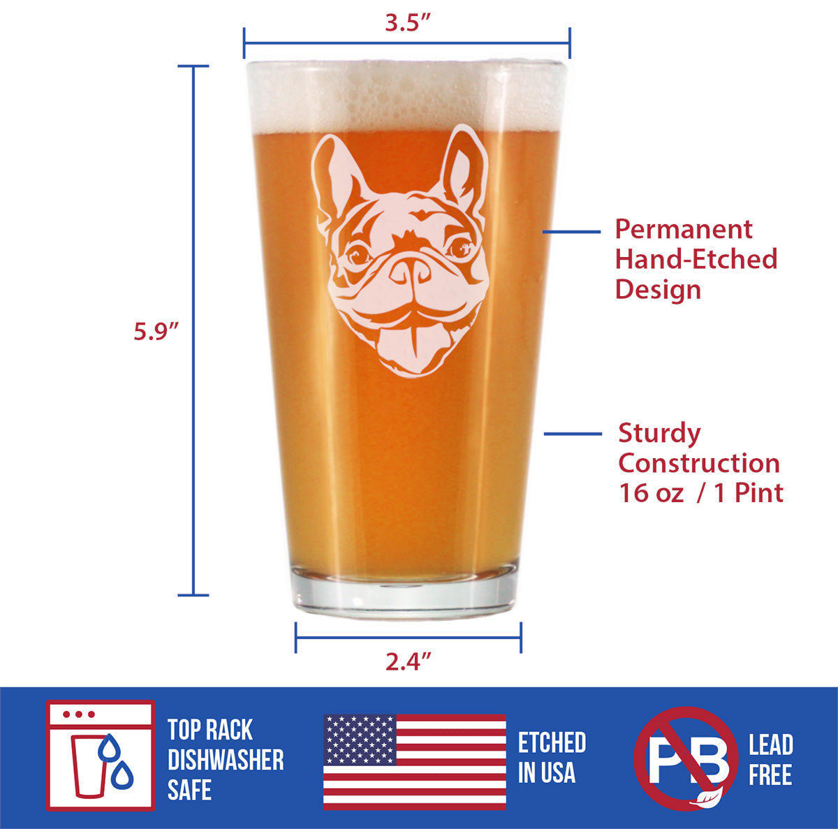 Happy Frenchie - Pint Glass for Beer - Fun Unique French Bulldog Dog Themed Décor and Gifts for Men & Women - 16 oz
