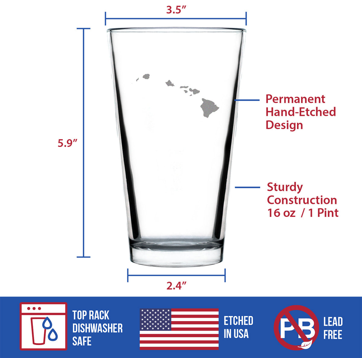 Hawaii State Outline Pint Glass for Beer - State Themed Drinking Decor and Gifts for Hawaiian Women & Men - 16 Oz Glasses