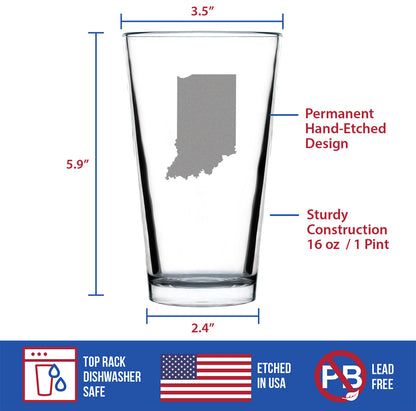 Indiana State Outline Pint Glass for Beer - State Themed Drinking Decor and Gifts for Hoosier Women & Men - 16 Oz Glasses