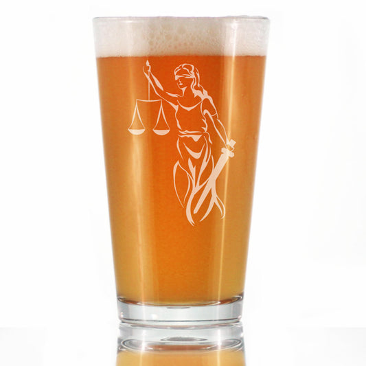 Lady Justice - Pint Glass for Beer - Lawyers and Attorneys Themed Gifts or Party Decor for Women and Men - 16 oz Glasses