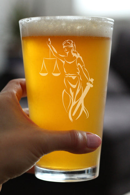 Lady Justice - Pint Glass for Beer - Lawyers and Attorneys Themed Gifts or Party Decor for Women and Men - 16 oz Glasses