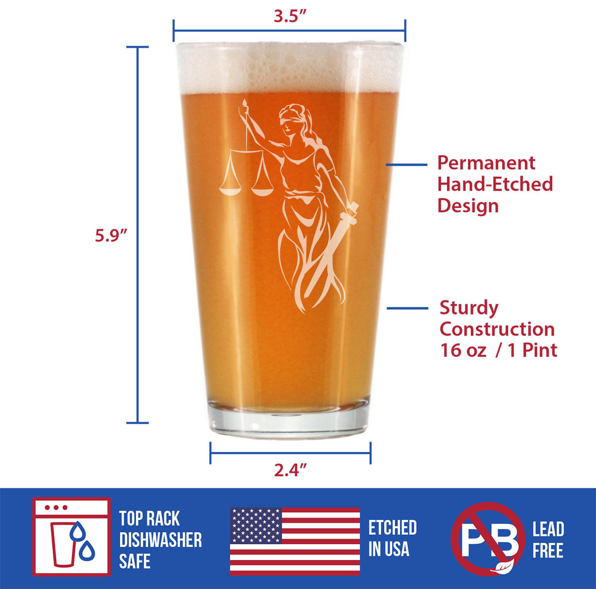 Lady Justice - Pint Glass for Beer - Lawyers and Attorneys Themed Gifts or Party Decor for Women and Men - 16 oz Glasses