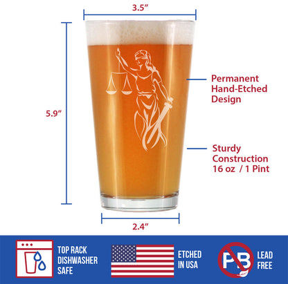 Lady Justice - Pint Glass for Beer - Lawyers and Attorneys Themed Gifts or Party Decor for Women and Men - 16 oz Glasses