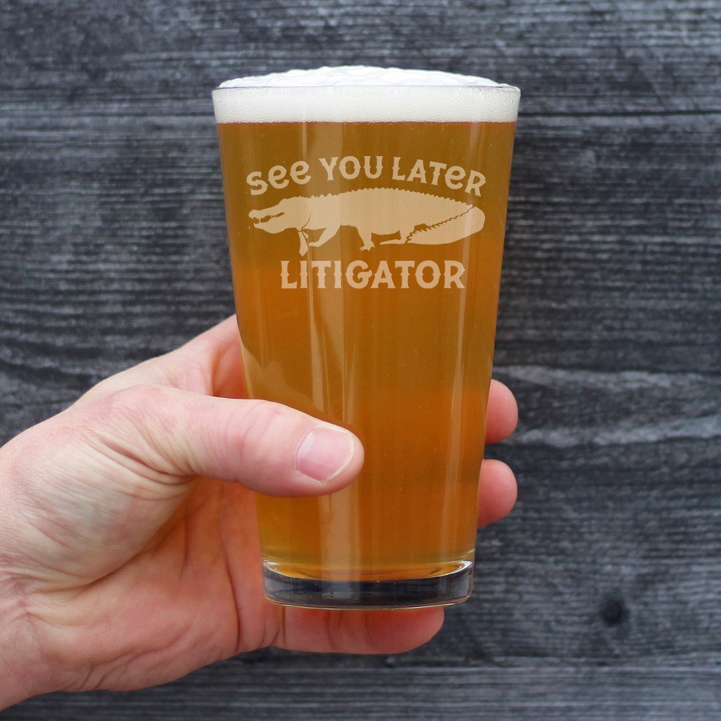 See You Later Litigator - Pint Glass for Beer - Funny Lawyer Gifts for Law School Graduates - 16 oz Glass