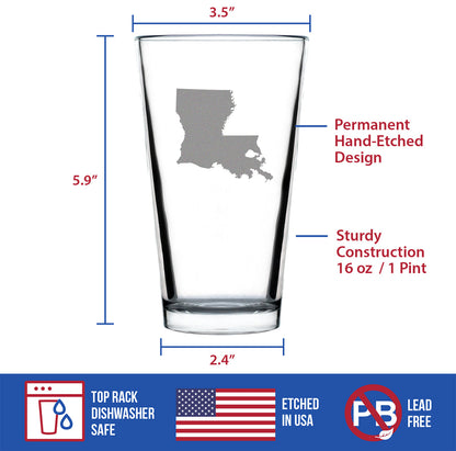 Louisiana State Outline Pint Glass for Beer - State Themed Drinking Decor and Gifts for Louisianian Women & Men - 16 Oz Glasses