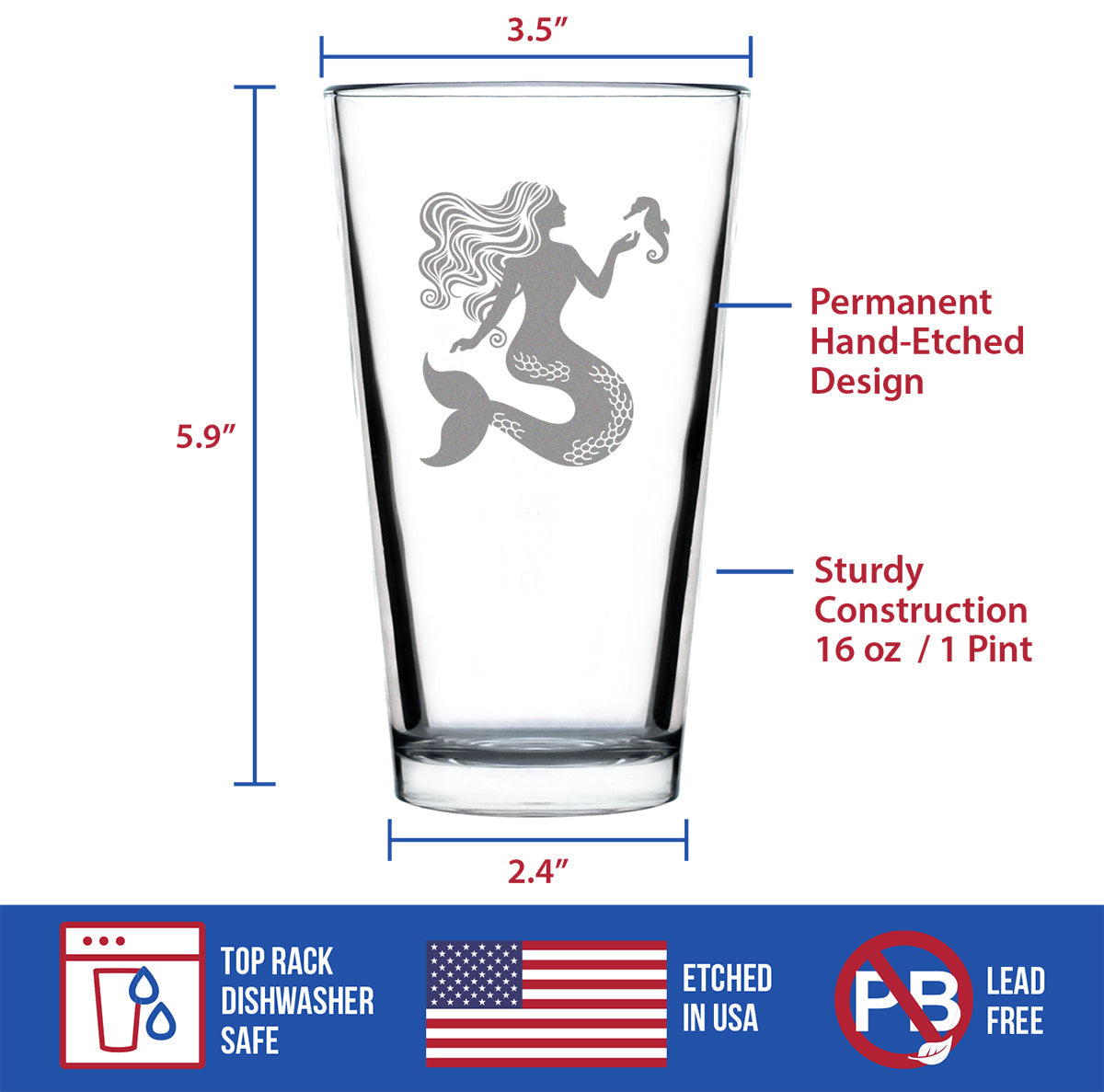 Mermaid Pint Glass for Beer - Fun Mermaids Themed Decor and Gifts for Beach Lovers - 16 Oz Glasses