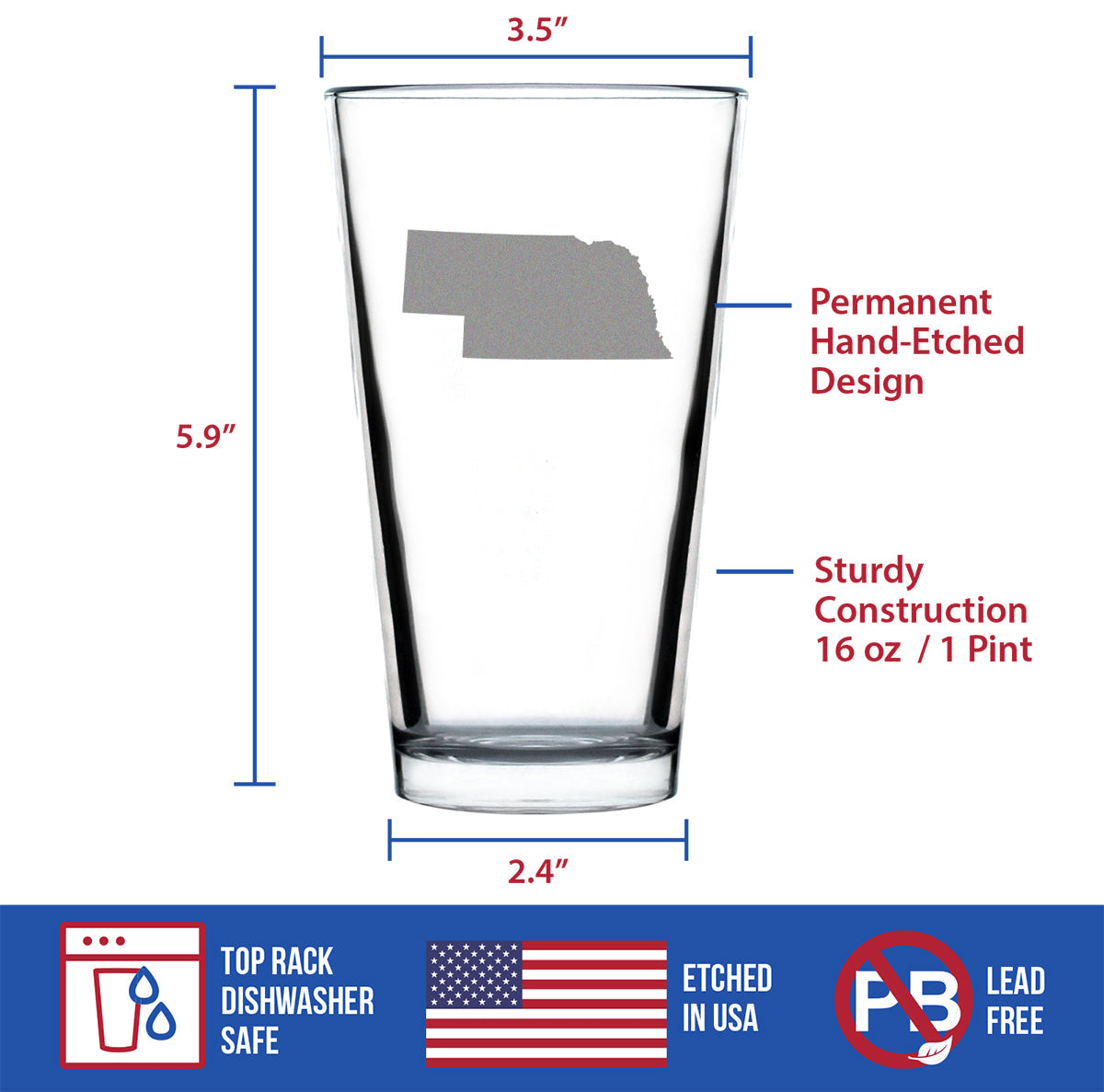 Nebraska State Outline Pint Glass for Beer - State Themed Drinking Decor and Gifts for Nebraskan Women & Men - 16 Oz Glasses