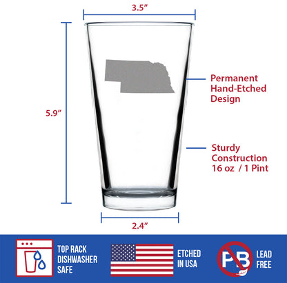 Nebraska State Outline Pint Glass for Beer - State Themed Drinking Decor and Gifts for Nebraskan Women & Men - 16 Oz Glasses