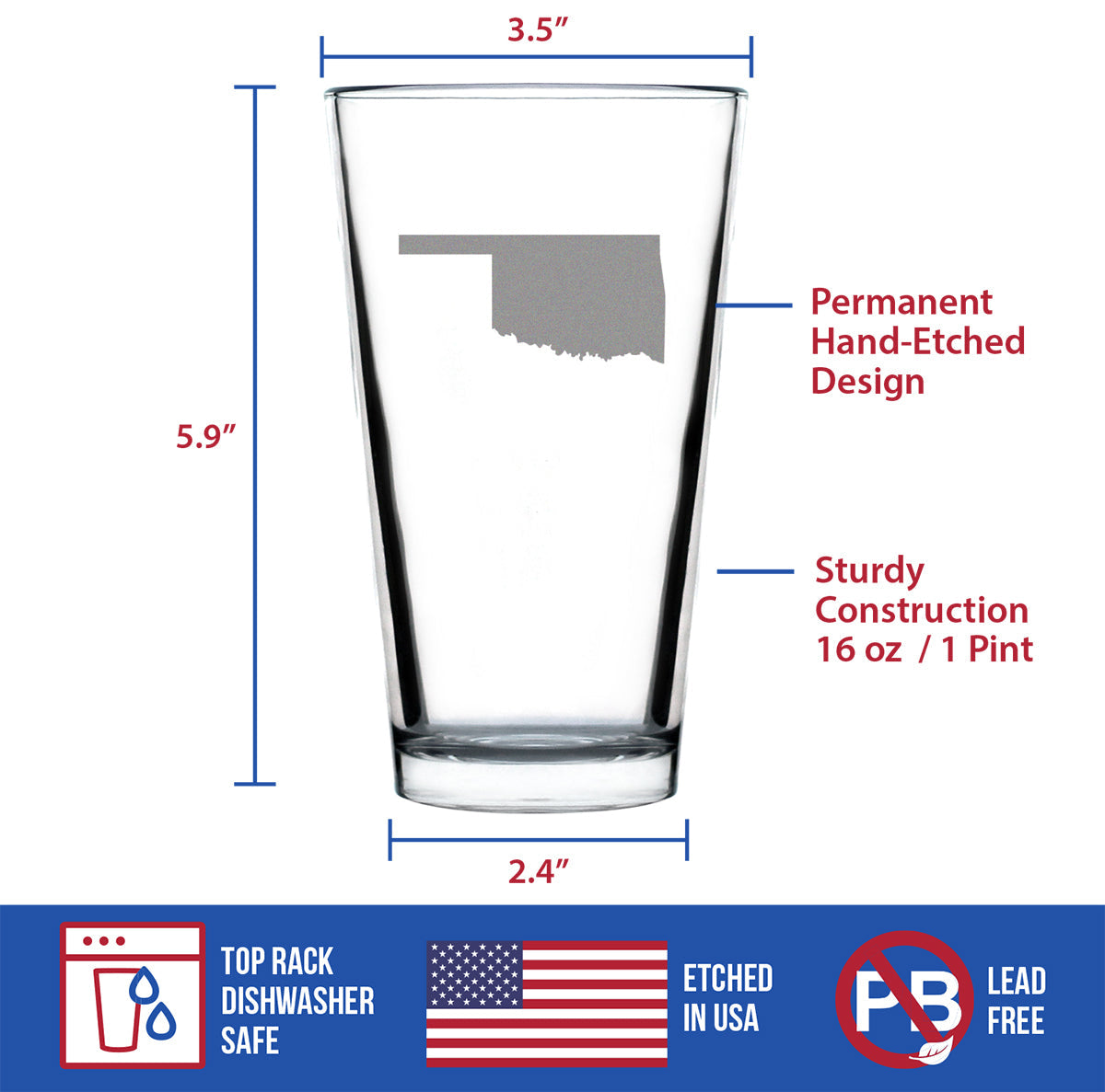 Oklahoma State Outline Pint Glass for Beer - State Themed Drinking Decor and Gifts for Oklahoman Women & Men - 16 Oz Glasses