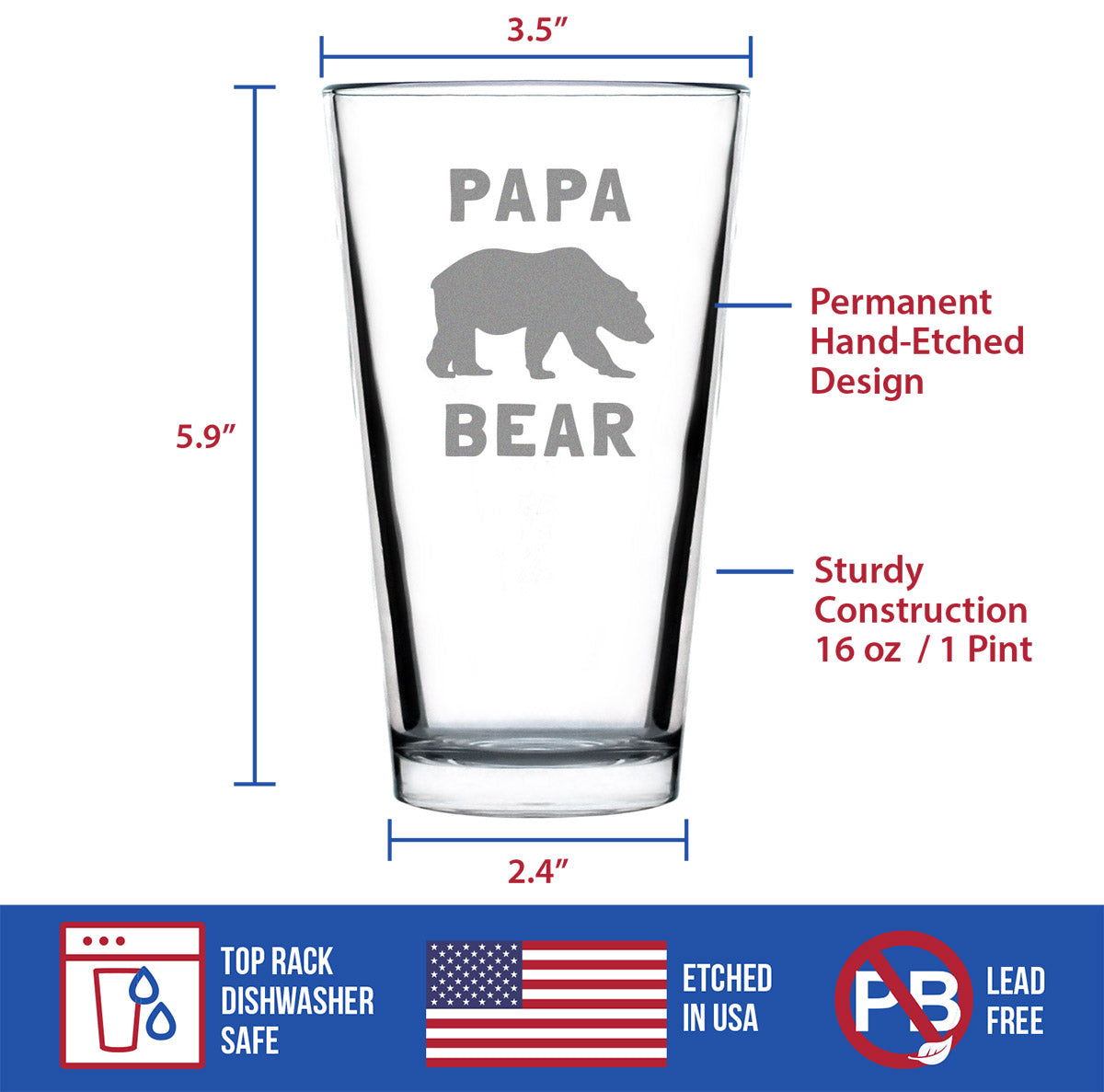Papa Bear Pint Glass for Beer - Cute Funny Dad Gift Ideas for Father's Day or Birthday - 16 Oz Glasses